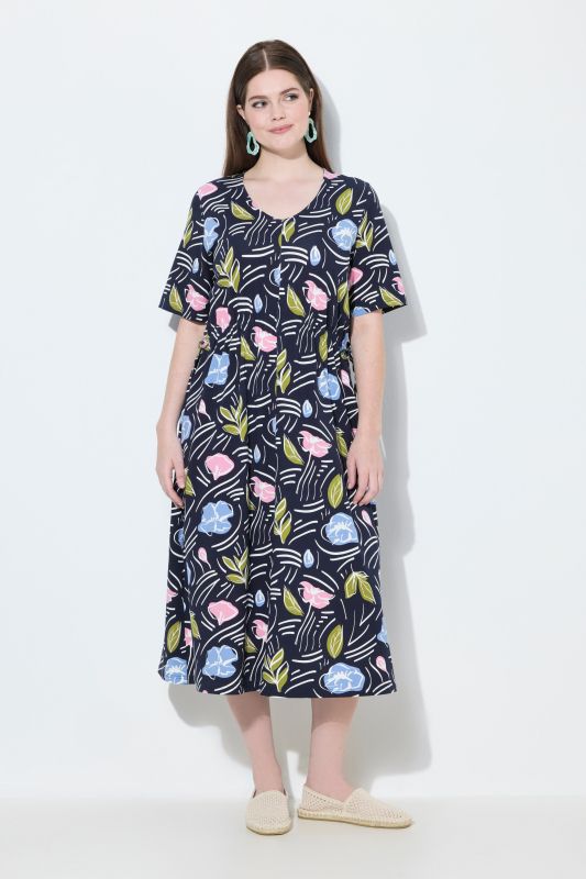 Robe midi en coton bio motif à fleurs, décolleté V et manches courtes