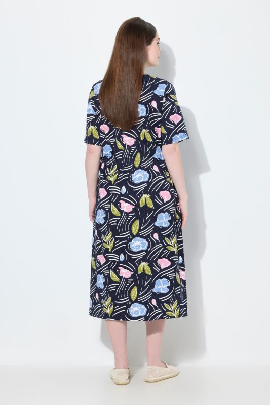 Robe midi en coton bio motif à fleurs, décolleté V et manches courtes