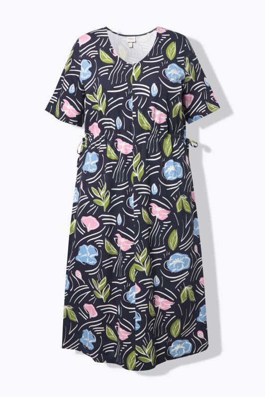Robe midi en coton bio motif à fleurs, décolleté V et manches courtes