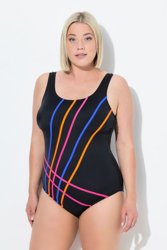 Maillot de bain sans bonnets souples. Décolleté rond. Motif lignes