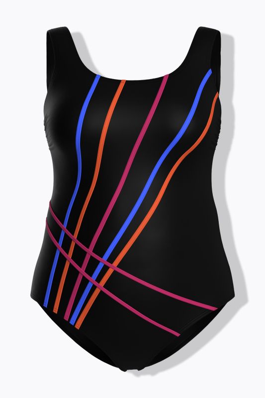 Maillot de bain sans bonnets souples. Décolleté rond. Motif lignes