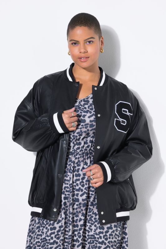 Veste en simili, style université américaine. Bords-côtes à rayures