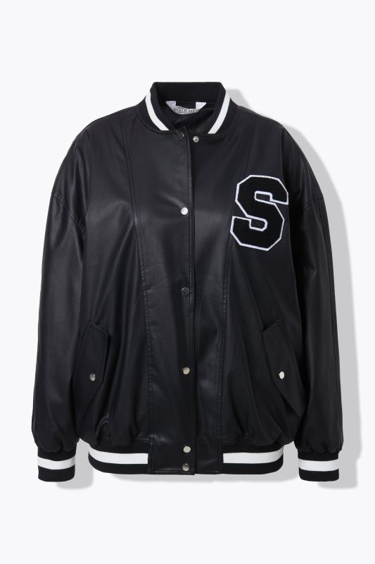 Veste en simili, style université américaine. Bords-côtes à rayures