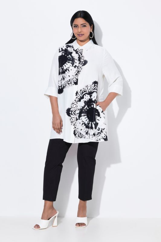 Chemisier coupe évasée, motif batik, col chemise et manches 3/4