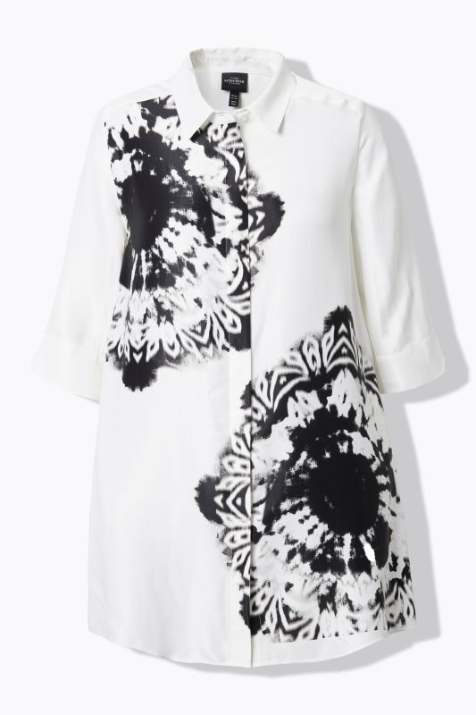Chemisier coupe évasée, motif batik, col chemise et manches 3/4