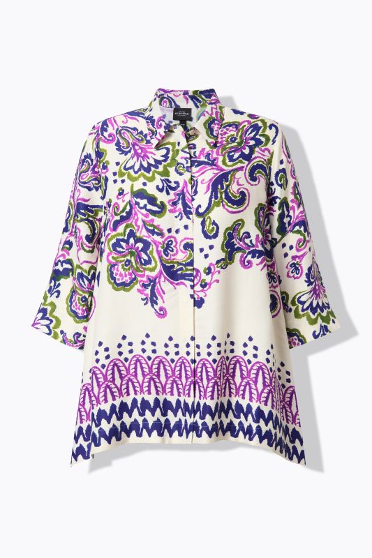 Chemisier coupe évasée, motif cachemire, col chemise et manches 3/4