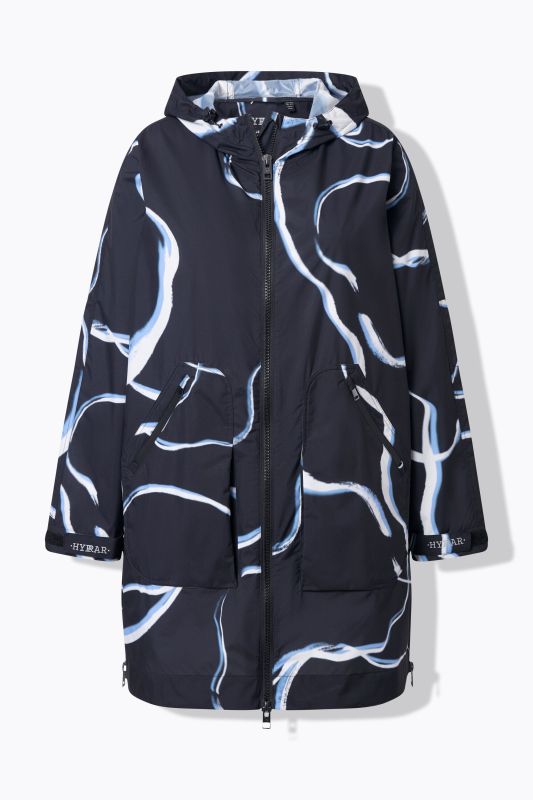 Veste de pluie imperméable, capuche et fermeture zippée de chaque côté, coupe évasée