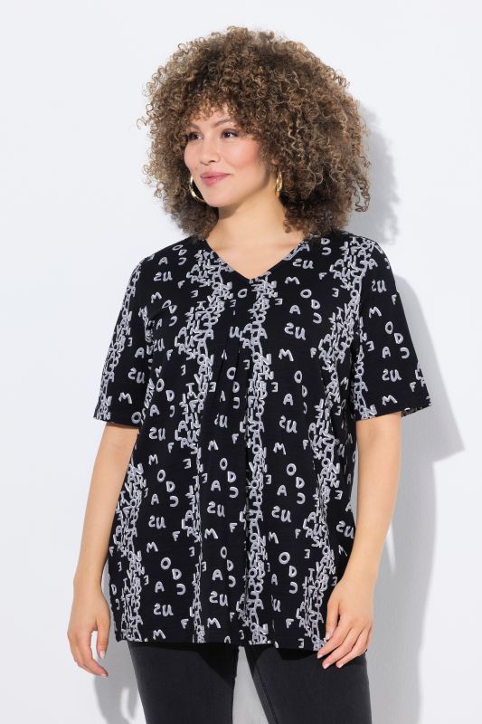 T-shirt coupe évasée, motif lettres de l'alphabet, décolleté en V et manches longues