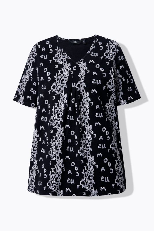 T-shirt coupe évasée, motif lettres de l'alphabet, décolleté en V et manches longues