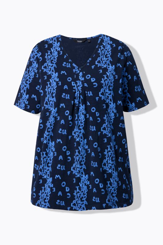 T-shirt coupe évasée, motif lettres de l'alphabet, décolleté en V et manches longues