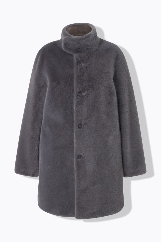 Manteau court imitation fourrure, col montant et boutons-pression, coupe évasée