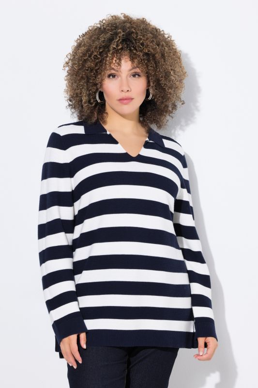 Pull rayé, maille envers, col polo et manches longues