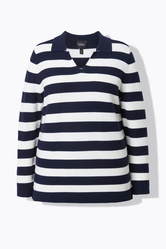 Pull rayé, maille envers, col polo et manches longues