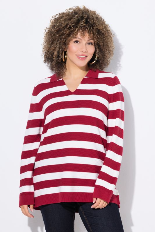 Pull rayé, maille envers, col polo et manches longues