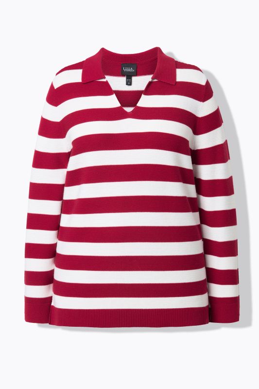 Pull rayé, maille envers, col polo et manches longues