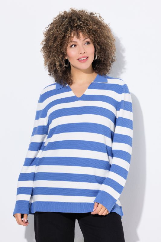 Pull rayé, maille envers, col polo et manches longues