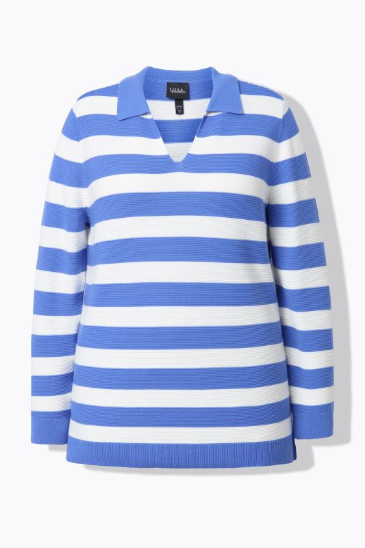 Pull rayé, maille envers, col polo et manches longues