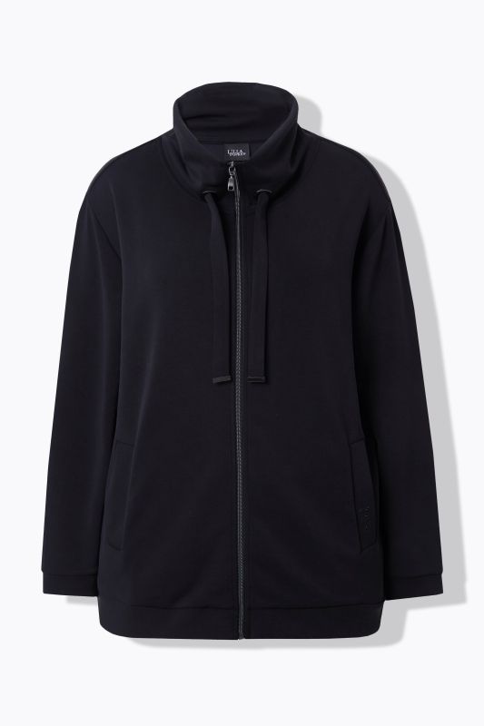 Veste en molleton, modal mélangé et petits strass fantaisie, col montant et manches longues
