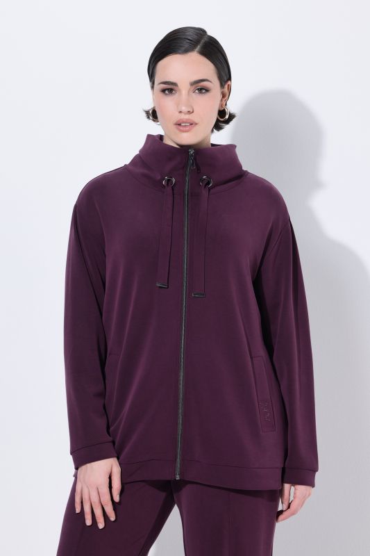 Veste en molleton, modal mélangé et petits strass fantaisie, col montant et manches longues