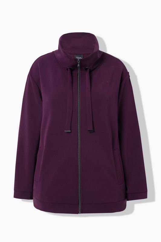 Veste en molleton, modal mélangé et petits strass fantaisie, col montant et manches longues