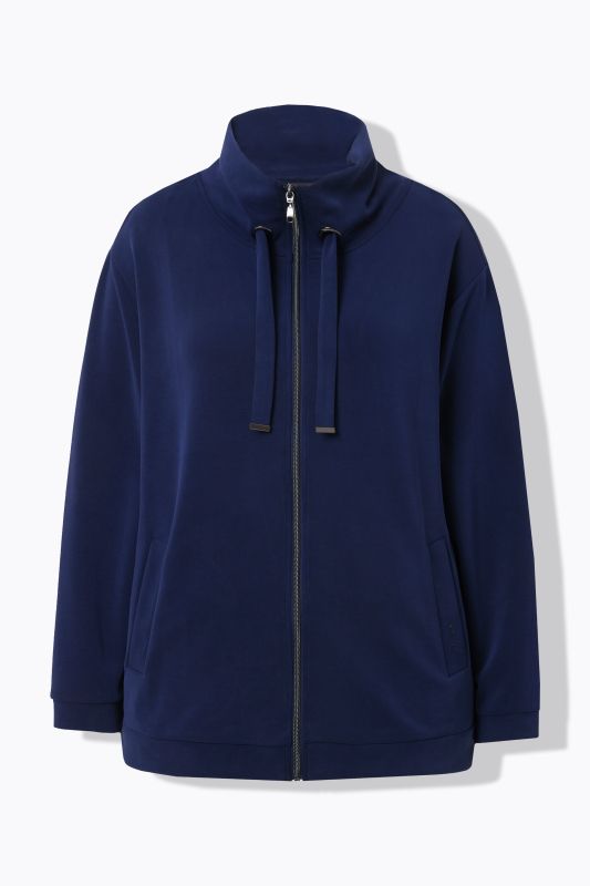 Veste en molleton, modal mélangé et petits strass fantaisie, col montant et manches longues