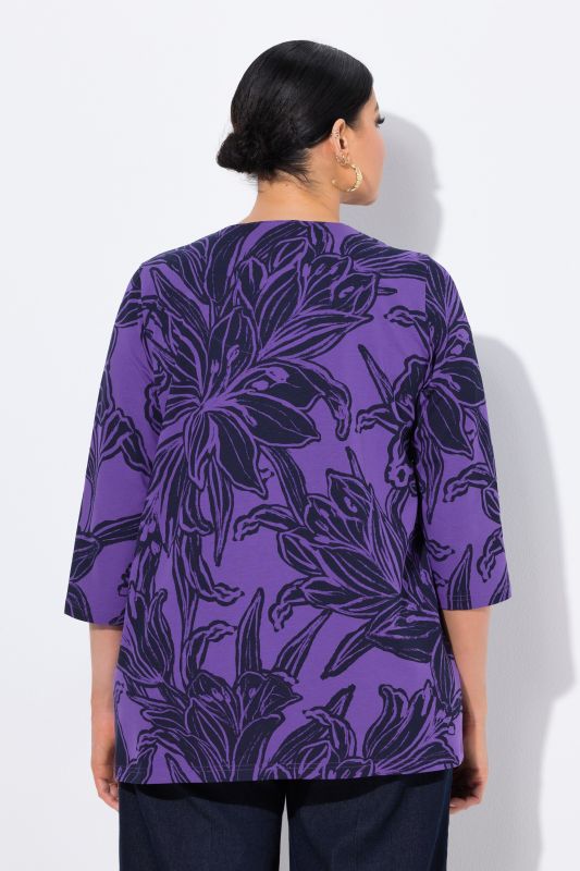 T-shirt motif feuilles, col tunisien et manches 3/4, coupe évasée