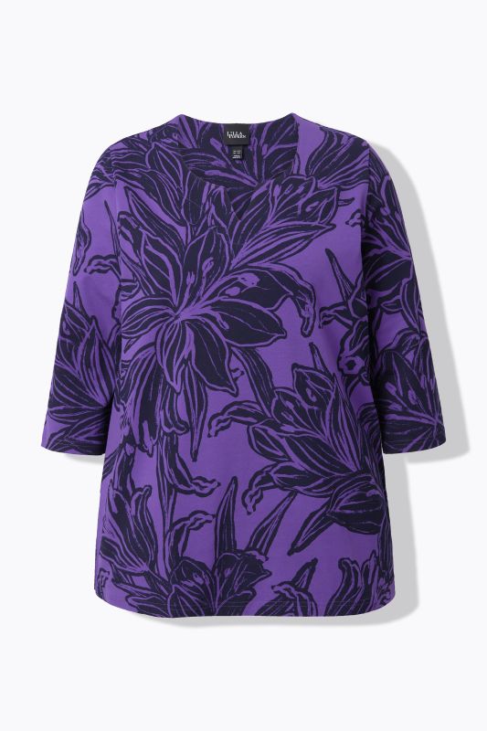 T-shirt motif feuilles, col tunisien et manches 3/4, coupe évasée