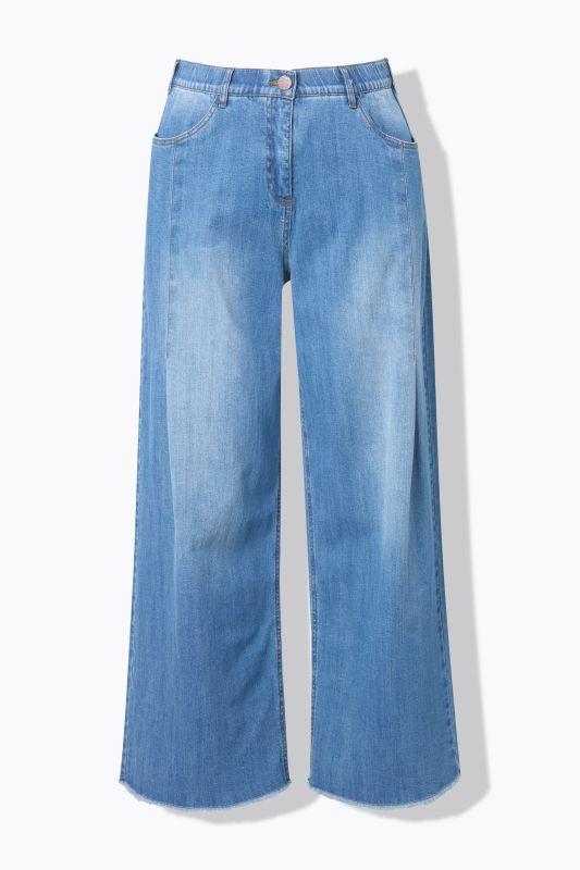 Jean Mary en denim stretch, jambe ultra-large et bas de jambe frangé