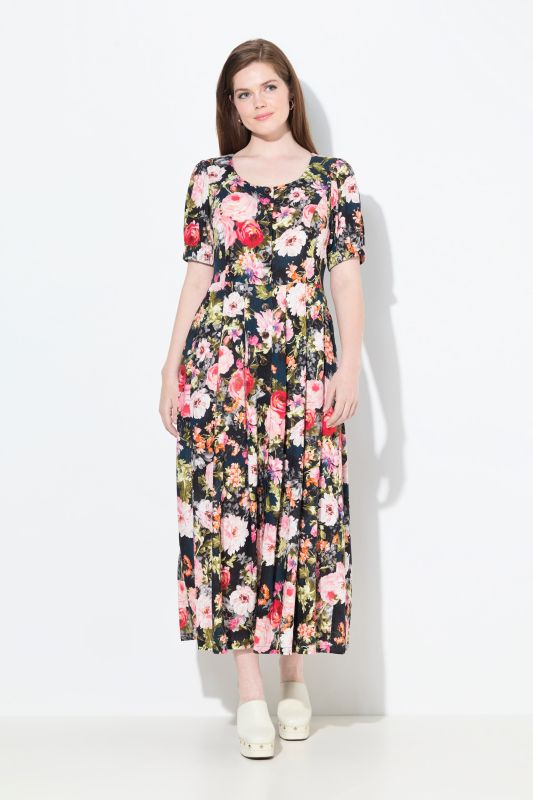 Robe maxi à fleurs, décolleté rond et manches courtes, lin mélangé