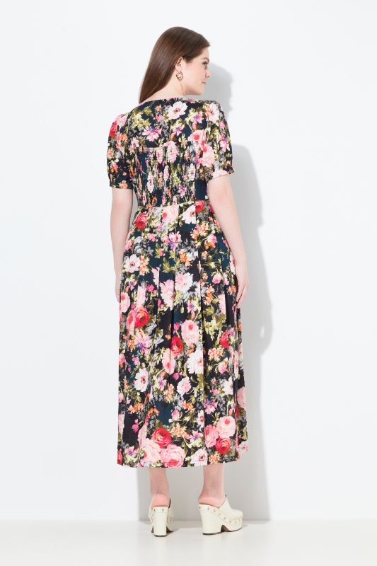 Robe maxi à fleurs, décolleté rond et manches courtes, lin mélangé