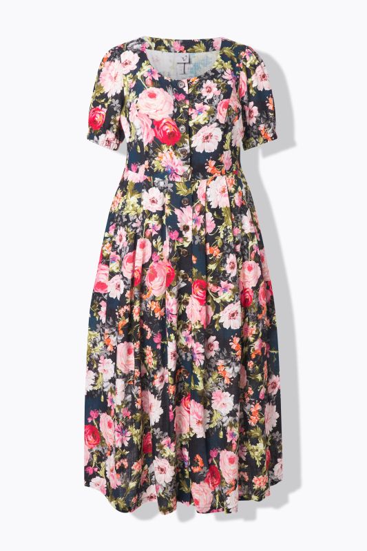 Robe maxi à fleurs, décolleté rond et manches courtes, lin mélangé