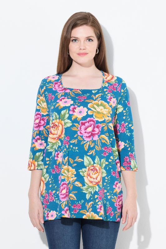 T-shirt à fleurs, décolleté carré et manches 3/4, coupe Classic Fit