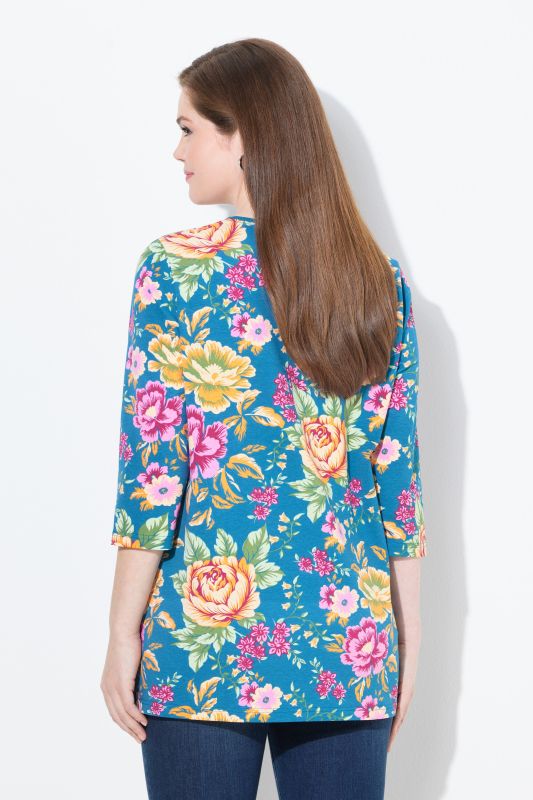 T-shirt à fleurs, décolleté carré et manches 3/4, coupe Classic Fit
