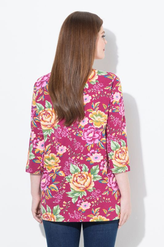 T-shirt à fleurs, décolleté carré et manches 3/4, coupe Classic Fit