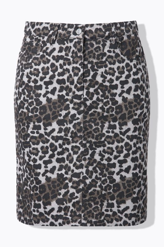 Jupe en jean, coupe évasée. Taille élastique. Motif léopard