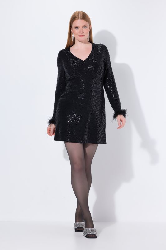Robe bodycon à paillettes, manches longues avec plumes fantaisie