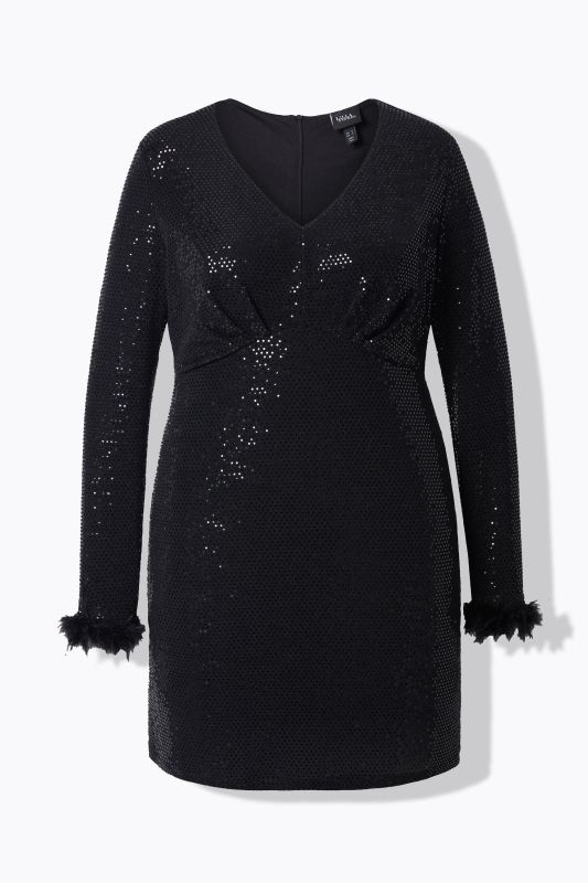 Robe bodycon à paillettes, manches longues avec plumes fantaisie