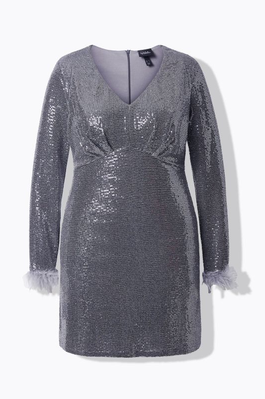 Robe bodycon à paillettes, manches longues avec plumes fantaisie