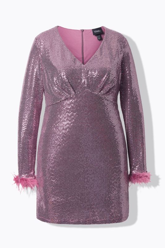 Robe bodycon à paillettes, manches longues avec plumes fantaisie