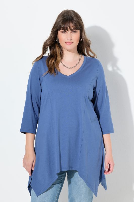 T-shirt, finition en pointe, col en V, manches 3/4, coton bio