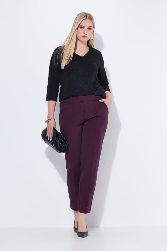 Pantalon point de Rome, jambe carotte. Taille élastique, plis fantaisie