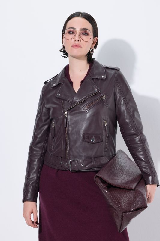 Veste en cuir style motard, col à revers et ceinture nouée