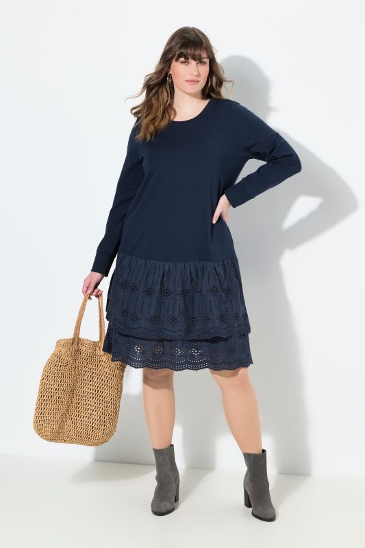Robe en molleton à col rond et manches longues, coton bio et dentelle