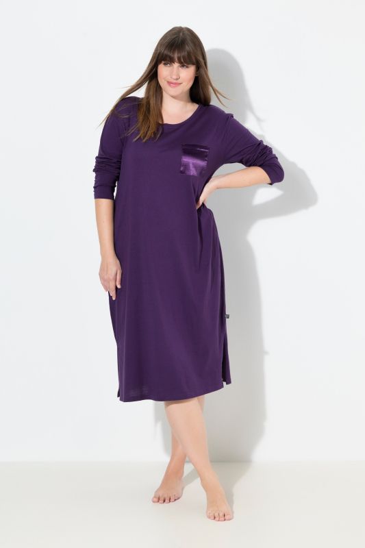 Chemise de nuit à col rond et manches longues, poche poitrine en satin