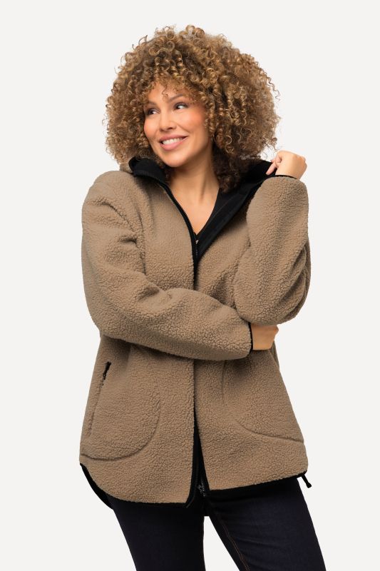 Veste à capuche en peluche, poches zippées, surpiqûres