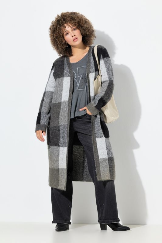 Cardigan long à carreaux, coupe ouverte avec poches