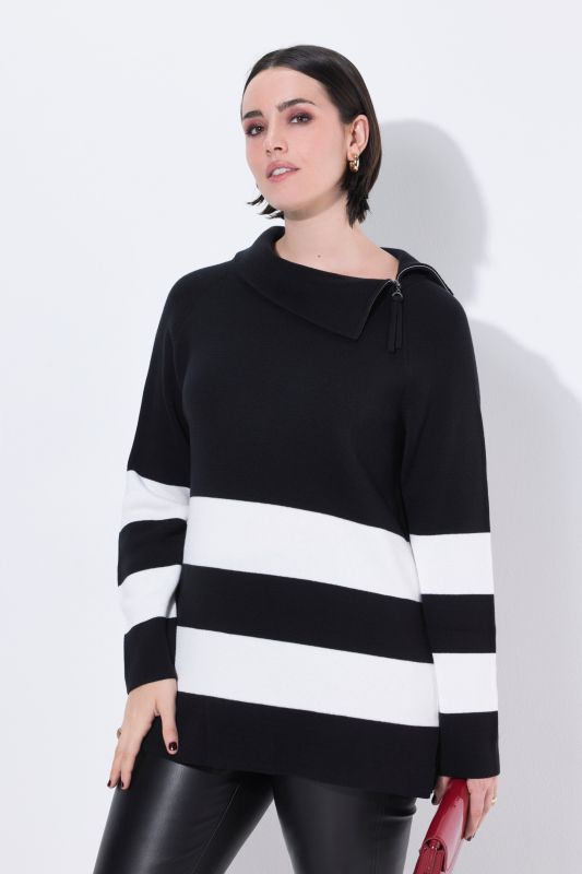 Pull à col roulé et manches longues, larges rayures et fermeture à glissière