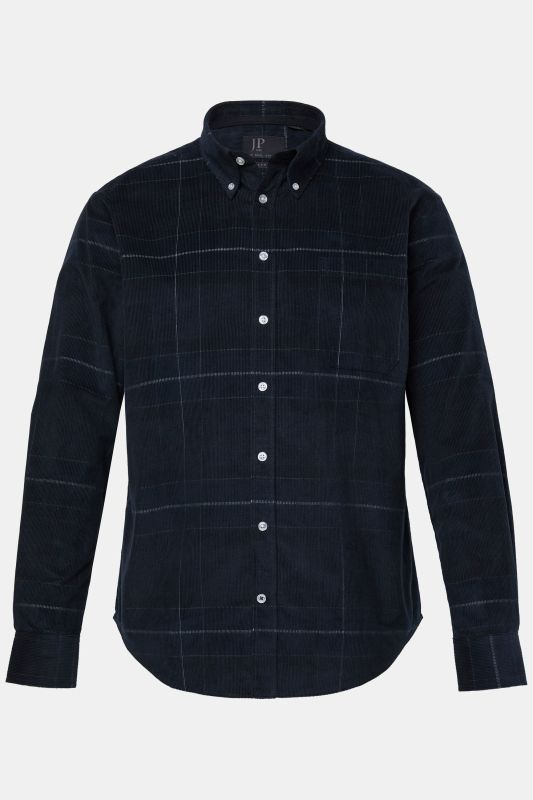Chemise à carreaux JP 1880, en velours côtelé, manches longues et col à pointes boutonnée, coupe Modern Fit - jusqu'au 8 XL