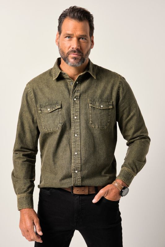 Chemise en jean coloré JP 1880, manches longues et col Kent, coupe Modern Fit avec finition FLEXNAMIC® - jusqu'au 8 