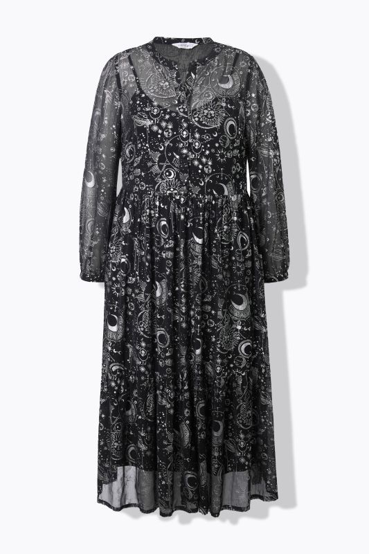 Robe maxi coupe trapèze, doublée. Imprimé astro